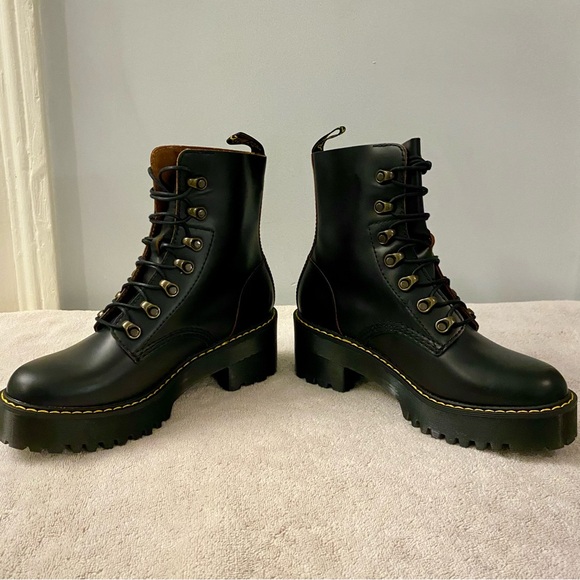 Dr. Martens Leona Heeled Boots Black Leather Smooth Combat Lace Up Shoes US 9 - Picture 6 of 12